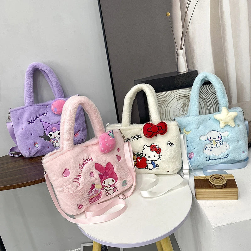 Kawaii Hello Kitty Plush Shoulder Bag | My Melody Cinnamoroll Kuromi Cute Cartoon Anime Handbag (Soft Storage Bag for Women & Girls) Luxegan