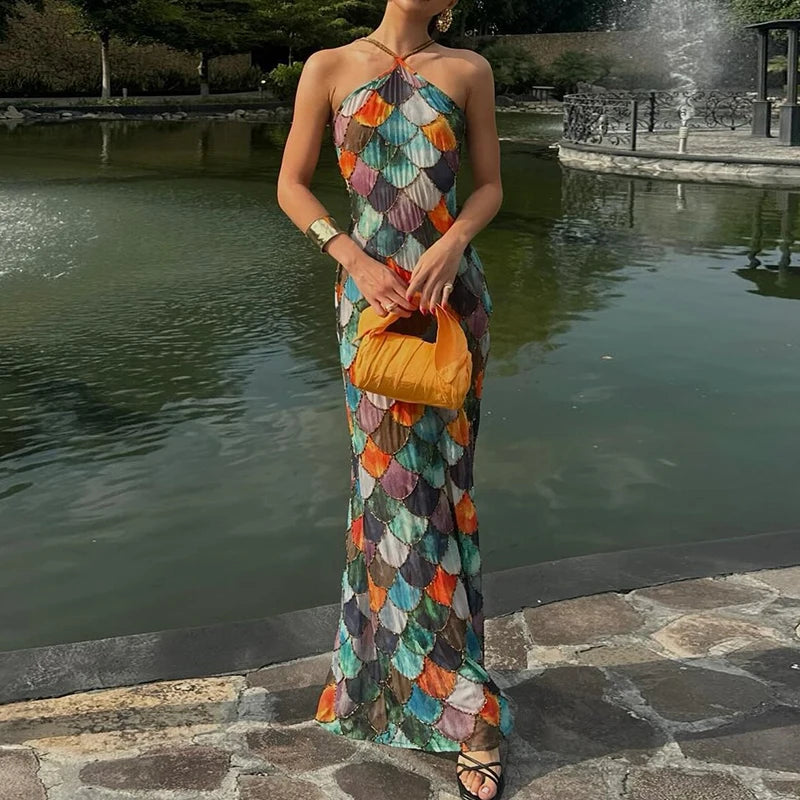 Women's Sexy Color Block Halter Evening Dress | Elegant Backless Full-Length Party Gown | Fashionable Slim Geometric Pattern Dress | Premium Tatting Slight Stretch A-Line Luxegan