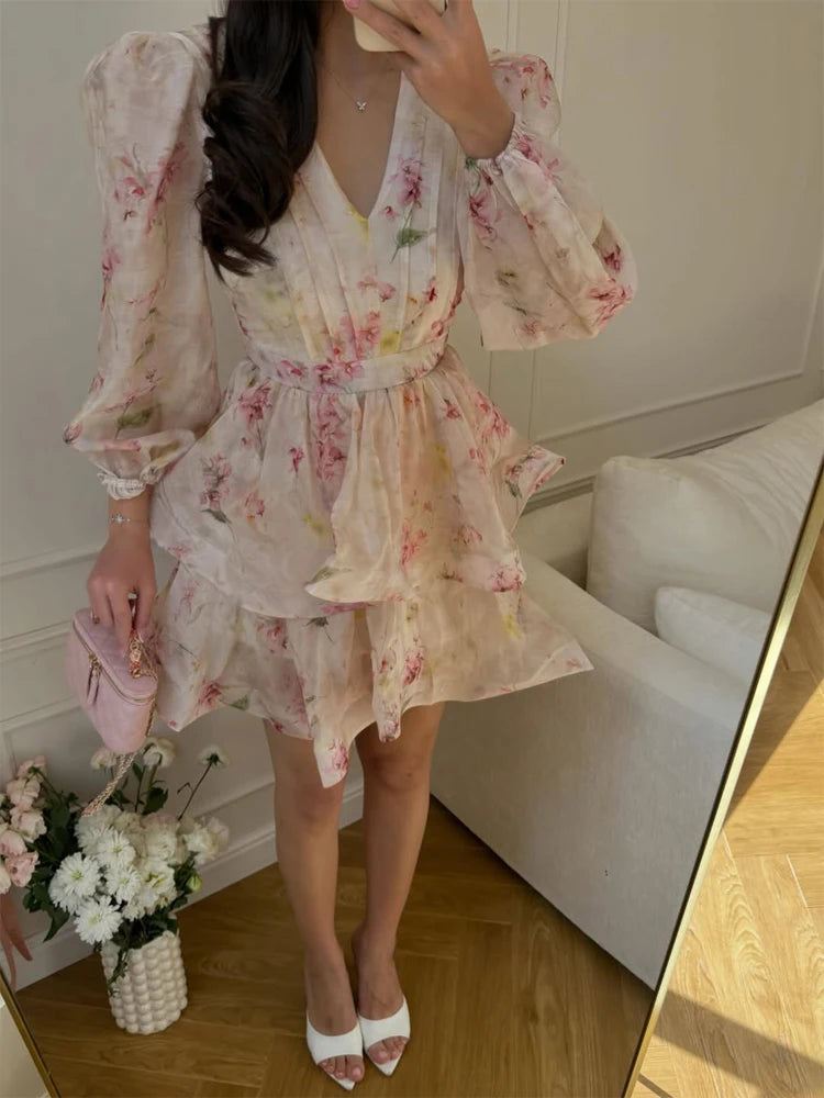 Stand Collar Flare Sleeve Lace-Up Waist Ruffle Hem Floral Print Midi Dress | Elegant Beach Summer Dress Luxegan