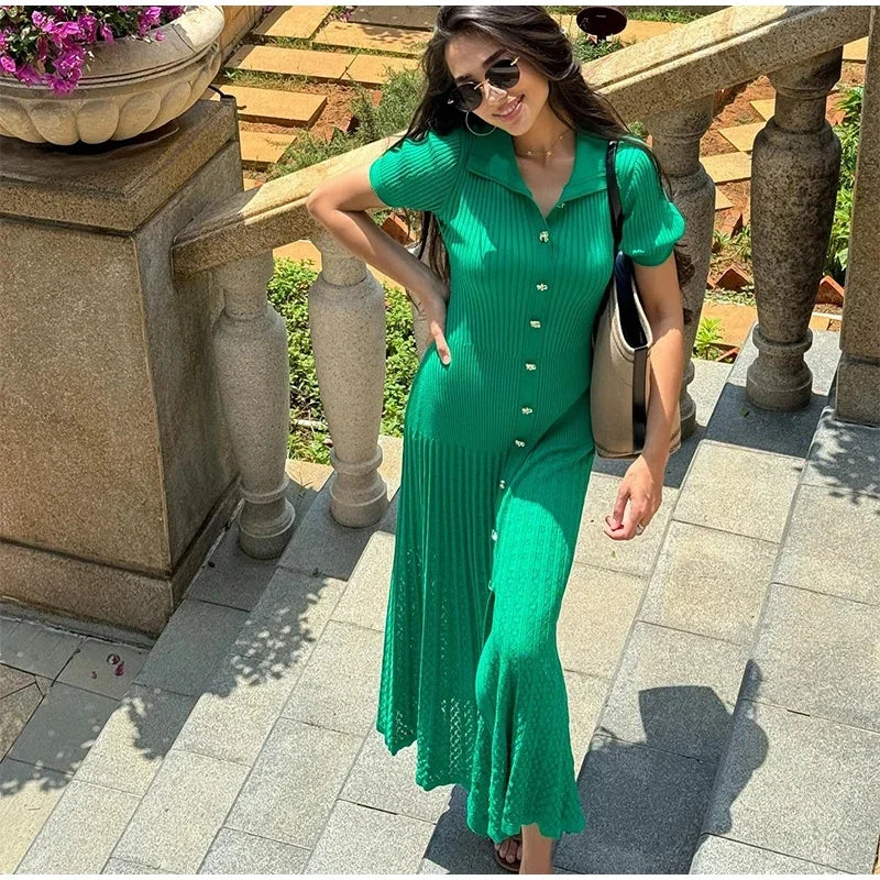 Solid High Street O-Neck Short Sleeve Slim Sheath Ankle-Length Dress with Button Detailing – Knit Fabric, Empire Waist, Summer Luxegan