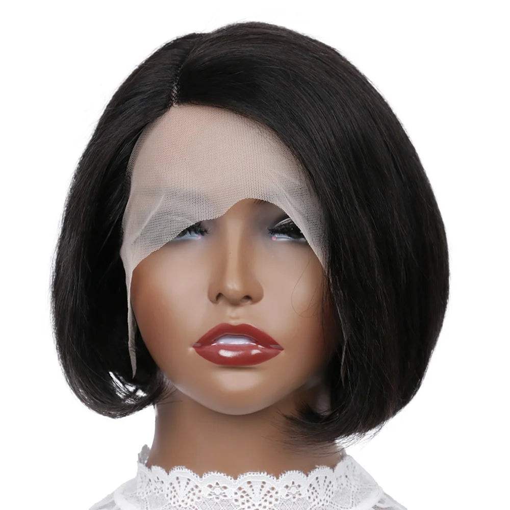 Asymmetrical Side-Part Straight Pixie Bob Wig | 13x1 Transparent Swiss Lace Frontal Wig | 100% Brazilian Remy Human Hair Short Straight Pixie Cut Wig for Women (Natural Black) Luxegan