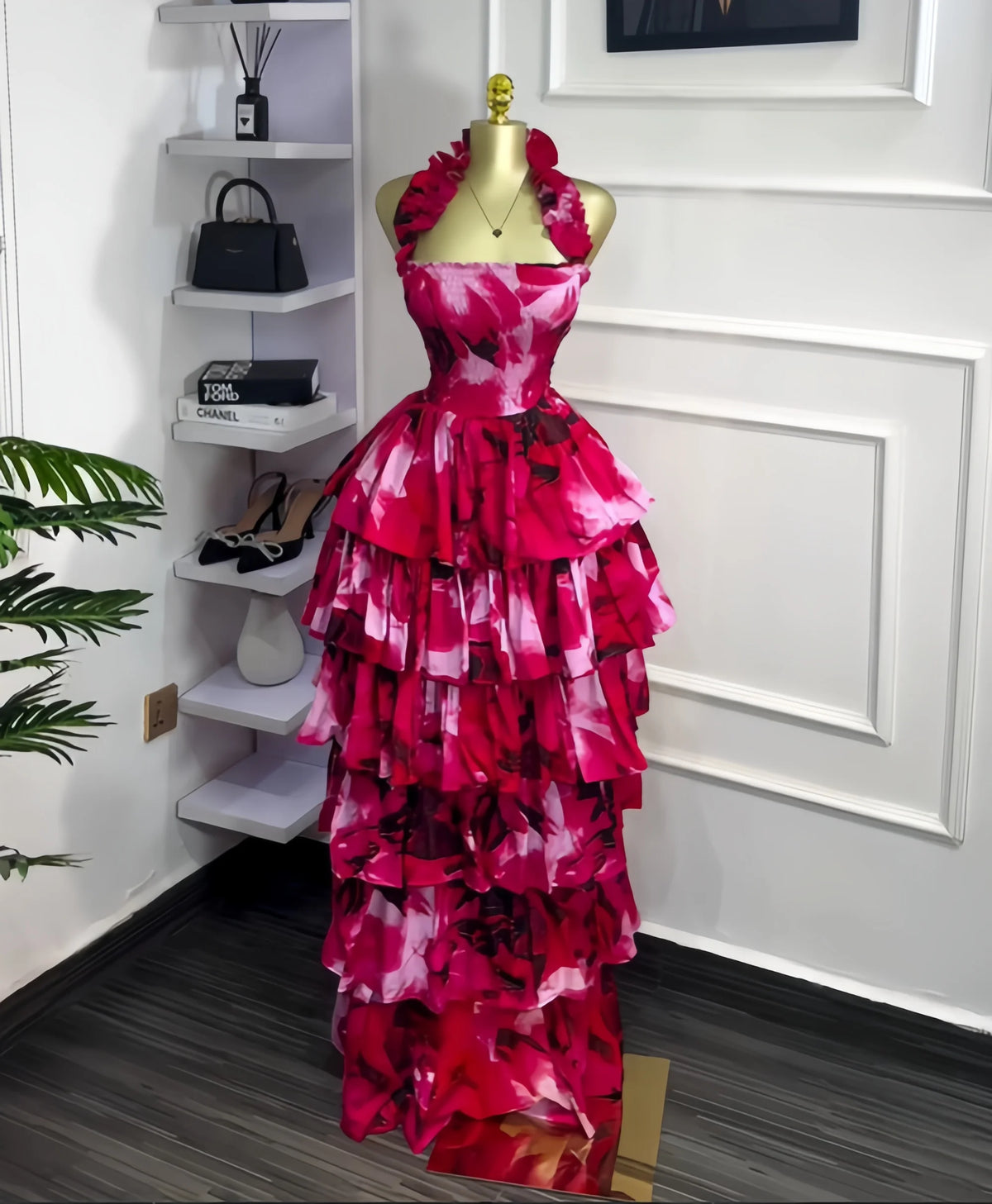 Print Beach Style Halter Neck Sleeveless Regular Fit Ball Gown Floor-Length Dress with Tiered Detailing – Polyester, Natural Waist, Summer Luxegan
