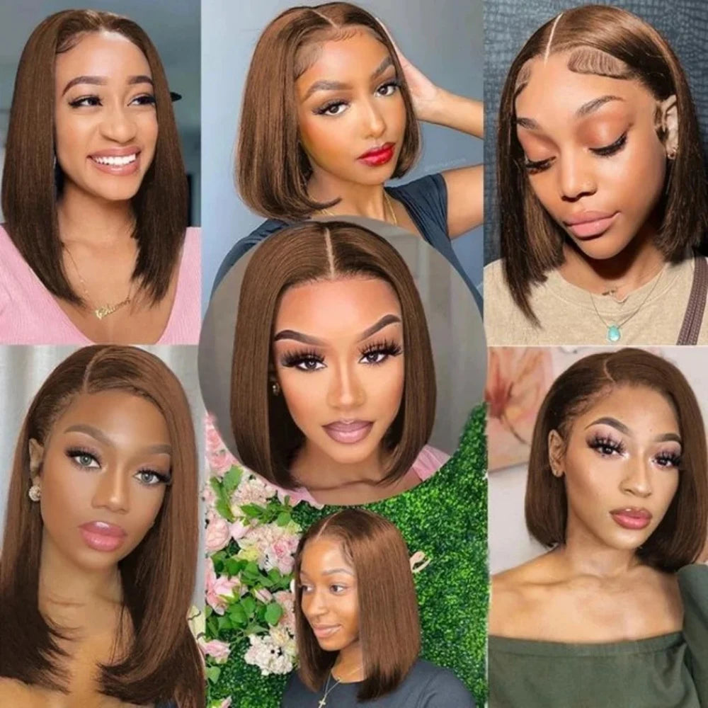 #4 Chocolate Brown Straight Bob Wig | Sophisticated 200% Density HD Transparent Lace Frontal | Elegant "Short Bob" Silhouette | "Dignified" Pre-Plucked Brazilian Remy Human Hair for Radiant Versatile Styling Luxegan
