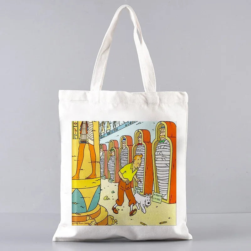 Soft Tintin Cartoon Canvas Large Capacity Tote | Open-Top Shopping Bag Luxegan