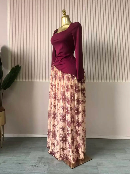 Print Pleated Maxi Dress with Sash | Square Neck Long Sleeve Elegant Party Evening Dress Luxegan