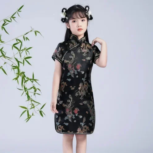 Modern Cheongsam Dress for Girls | Summer Casual Chinese Style Qipao Costume | Short-Sleeve Knee-Length Straight Silhouette Dress for Kids Luxegan