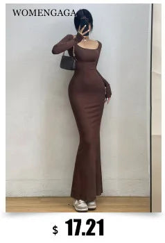 Women's Elegant High Street Long Sleeve Maxi Dress | Simple Korean Style Slim Fit Ankle-Length Robe | Soft Autumn/Winter Solid Color A-Line Gown | Premium Ruffle Empire Waist Model Carbon Ash Luxegan