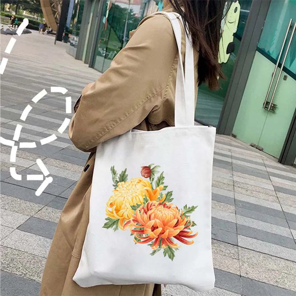 Succulove Floral Cotton Tote Bag | Large Capacity Handbag with Tulips, Hydrangeas, Sunflowers & More (Casual Shoulder Shopper, Eco-Friendly) Luxegan