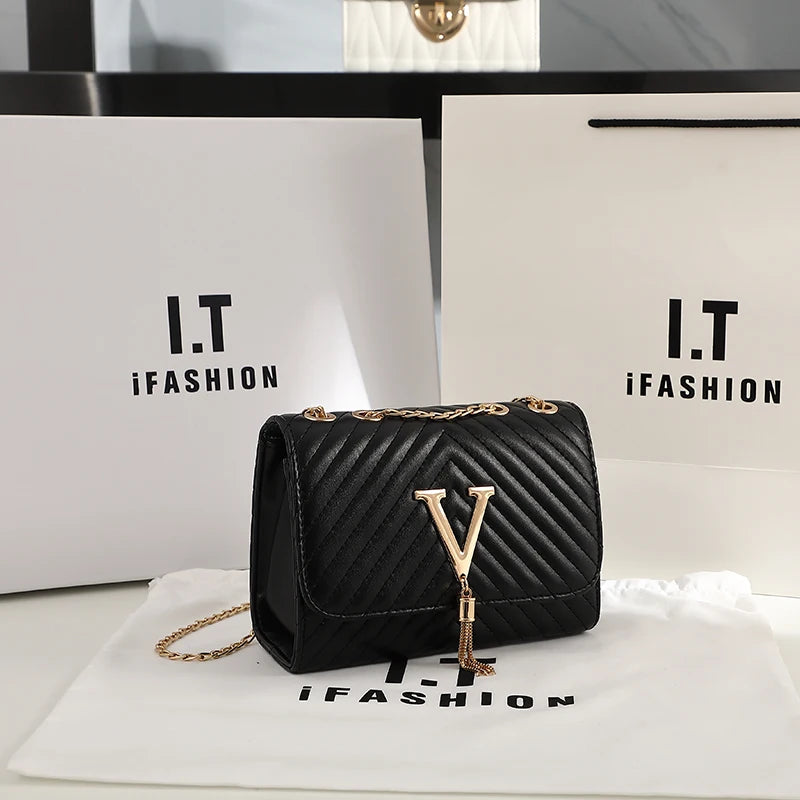 Luxury Embroidery Women’s Crossbody Bag | Sophisticated Thread & Sequined Flap Handbag | Elegant Geometric Pattern Shoulder Bag | Fashion-Forward Party Clutch with "Dignified" Tassel & Chain Accents Luxegan