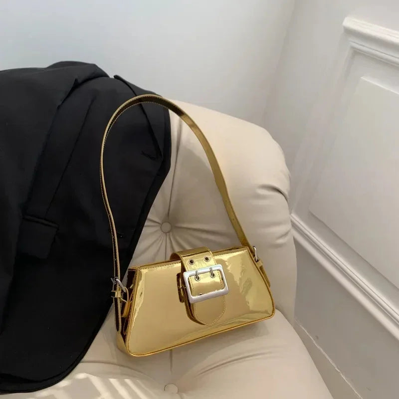 New Luxury Design Women's Glossy PU Leather Armpit Bag | Fashion Party Handbag (Patent Leather Silver Shoulder & Crossbody Bag) Luxegan