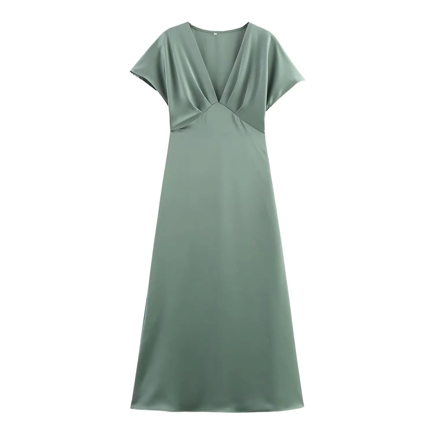 Women's Elegant Solid Satin Midi Dress | Sexy V-Neck Short Sleeve Evening Gown | New Fashion Summer Lady Holiday Party Dress | Premium Slim Fit Straight Vestido Model NZA23148 Luxegan