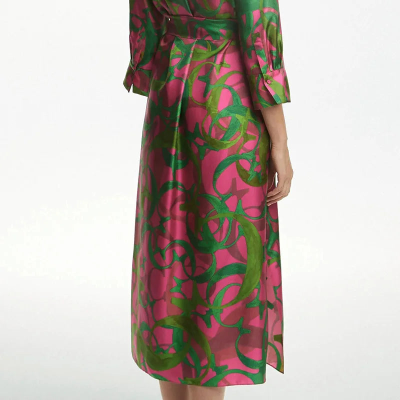 Letter Print Lace-Up Midi Dress | Turn-Down Collar Three-Quarter Sleeve Elegant Office Dress Luxegan
