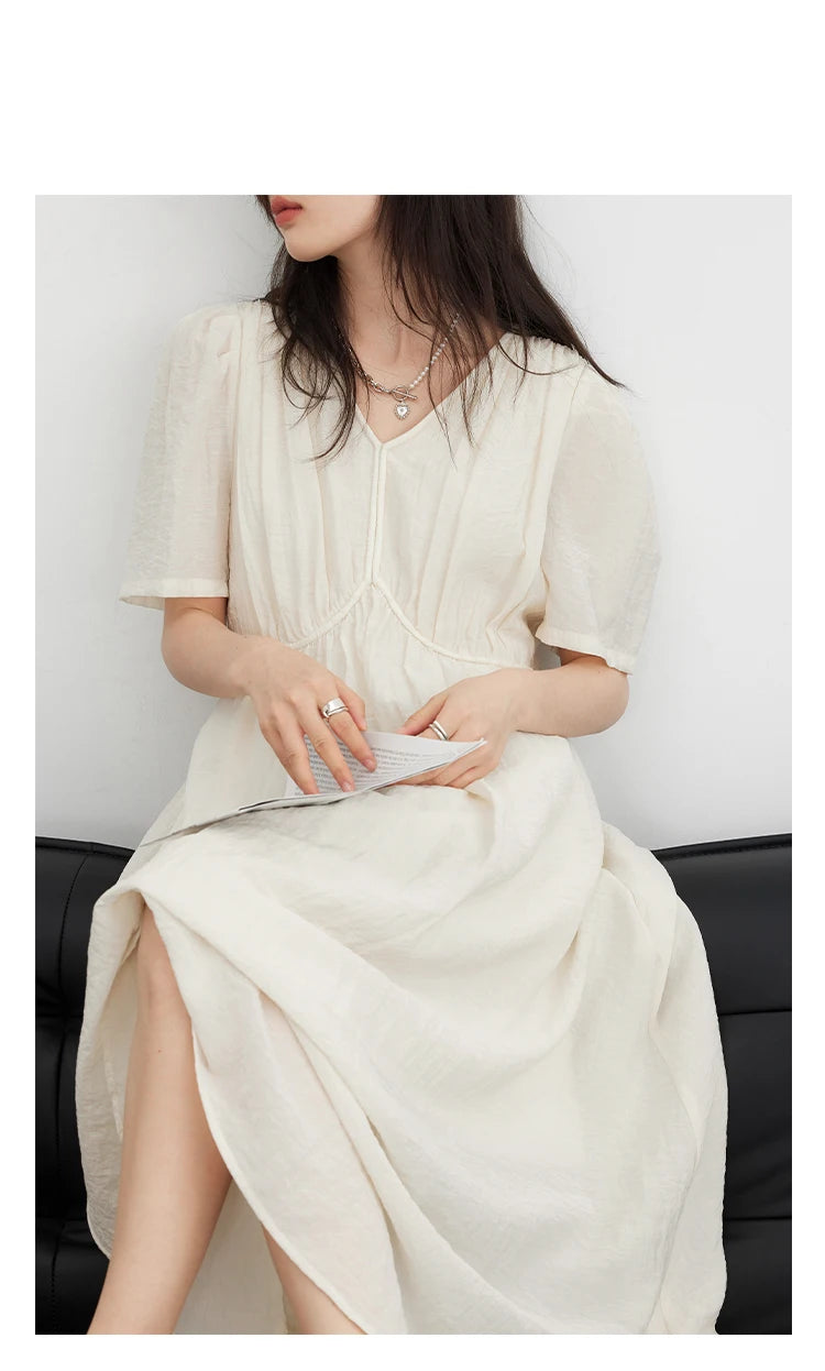 French Style Vintage V-Neck Puff Sleeve Maxi Dress | Solid Black Loose-Fit Summer Dress | Elegant Non-Stretch Ankle-Length Office Dress Luxegan