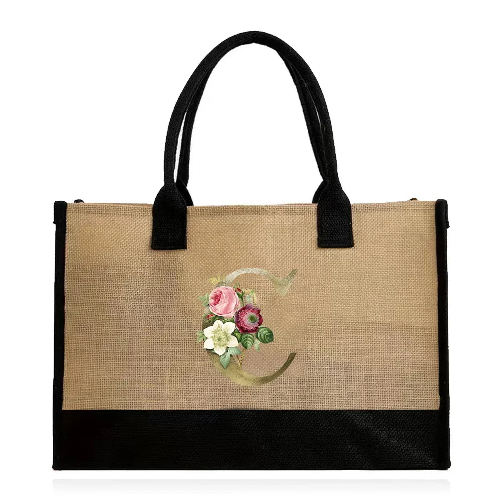 Handmade Jute & Canvas Beach Shopper | Large Capacity Portable Grocery Organizer | Eco-Friendly Woven Women’s Handbag with Golden Flower Pattern Luxegan