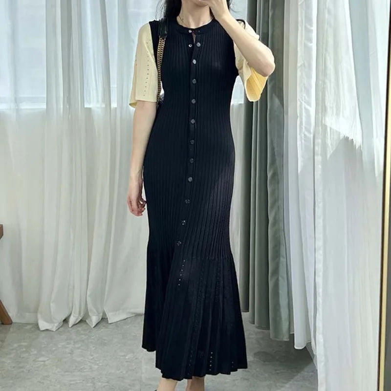 Knit Button Midi Mermaid Dress – Solid Color, Slim Fit Luxegan