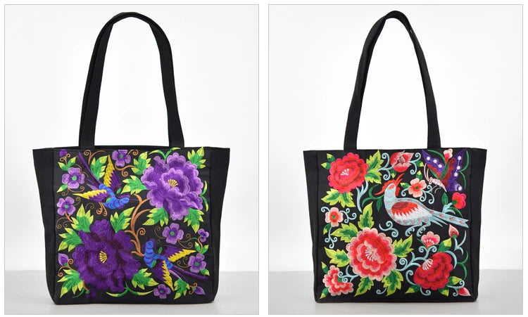 Ethnic Style Flower Embroidery Canvas Tote | Shoulder Bag & Large Capacity Handbag Luxegan