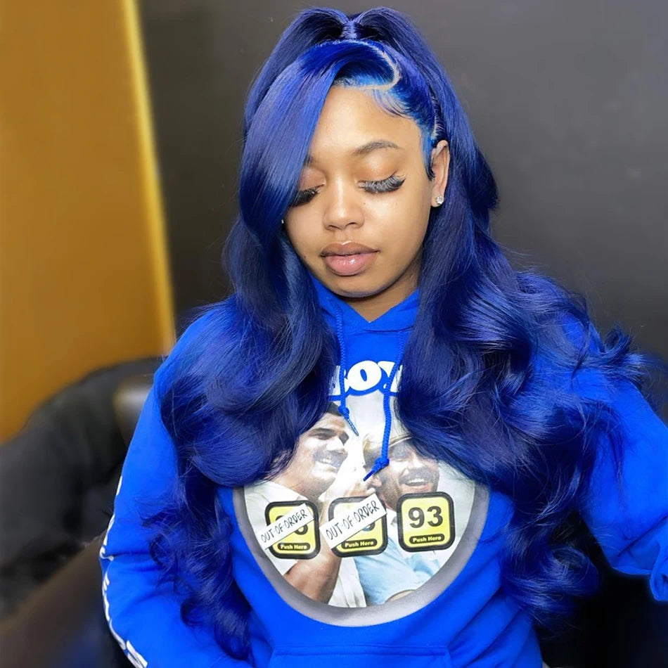 Radiant Blue Body Wave Lace Frontal Wig | Sophisticated 13x4 HD Transparent Lace | Elegant "Brazilian Remy" 26+ Inch Length | "Dignified" Pre-Plucked Human Hair for Radiant Versatile Styling Luxegan