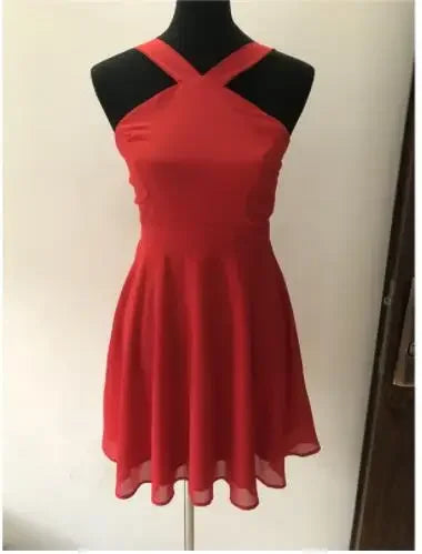 Solid Halter Sleeveless Hollow-Out Loose Fit A-Line Mini Dress – Non-Stretch Chiffon, Empire Waist, Summer Luxegan