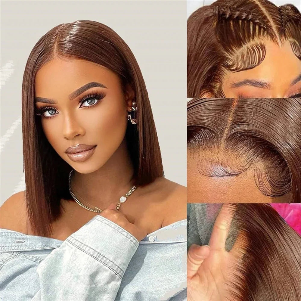 #4 Chocolate Brown Straight Bob Wig | Sophisticated 200% Density HD Transparent Lace Frontal | Elegant "Short Bob" Silhouette | "Dignified" Pre-Plucked Brazilian Remy Human Hair for Radiant Versatile Styling Luxegan