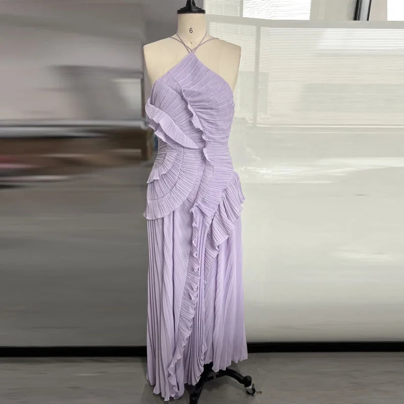 Solid Halter Neck Sleeveless Backless Slim Fit Asymmetrical Ankle-Length Dress – Empire Waist, Summer Luxegan