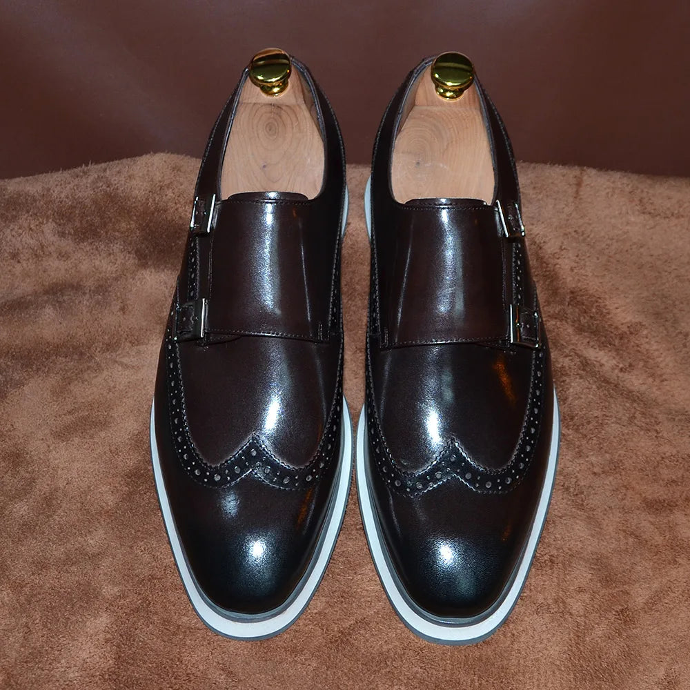 Classic European Luxury Monk Strap Sneakers | Sophisticated Double Buckle Wingtip Brogue | Elegant "Genuine Cow Leather & Suede" Silhouette | "Dignified" Sheepskin Insole & Non-Slip Rubber for Radiant Versatile Styling Luxegan