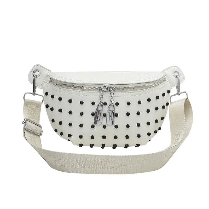 Fashion Rivet PU Leather Waist Bag | Trendy Female Chest & Crossbody Bag | High-Quality Ladies Fanny Pack &