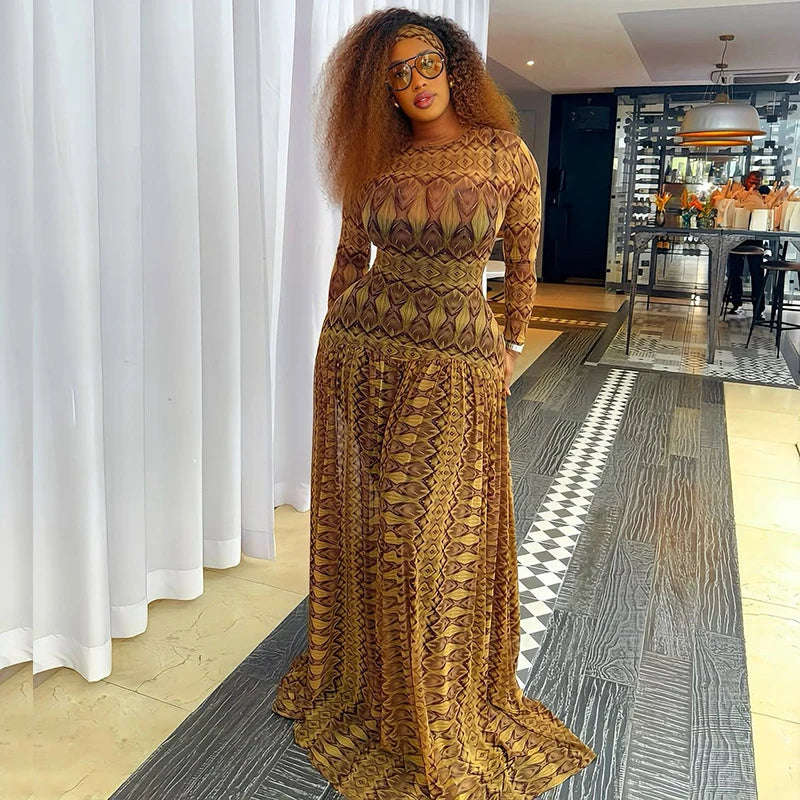 Vintage Printed Sexy See Through Mesh Women Dress Long Sleeve O Neck Slim Waist Big Hem Long Maxi Dress