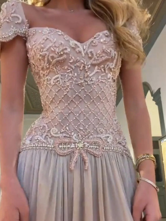 Aunber Vestido de noche rosa nude de lujo con línea A, mangas casquillo, pedrería y lazo de cristal para ocasiones formales, personalizado