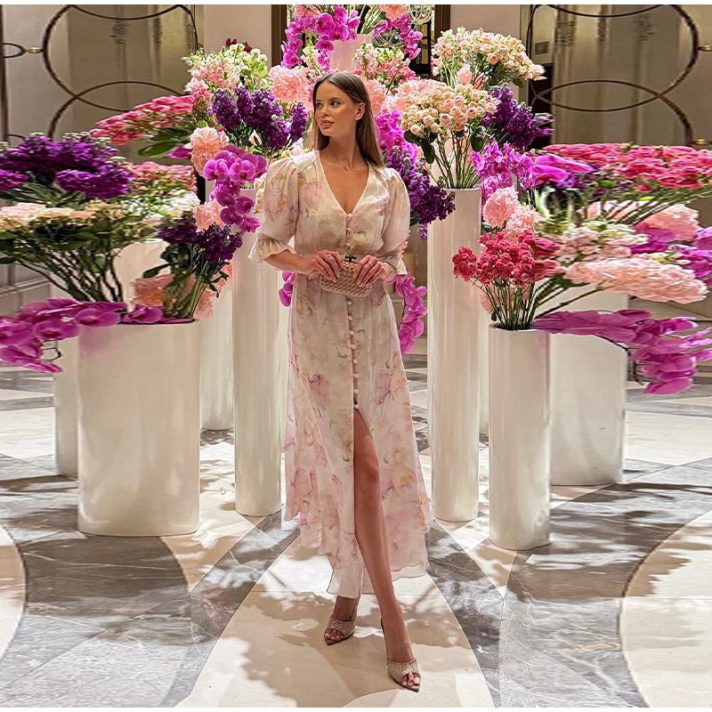 Organza Floral Printed Maxi Dress V-Neck  Puff Sleeve 2026 Spring/Summer Romantic Women Party Gown Fashion Elegant Lady Vestidos