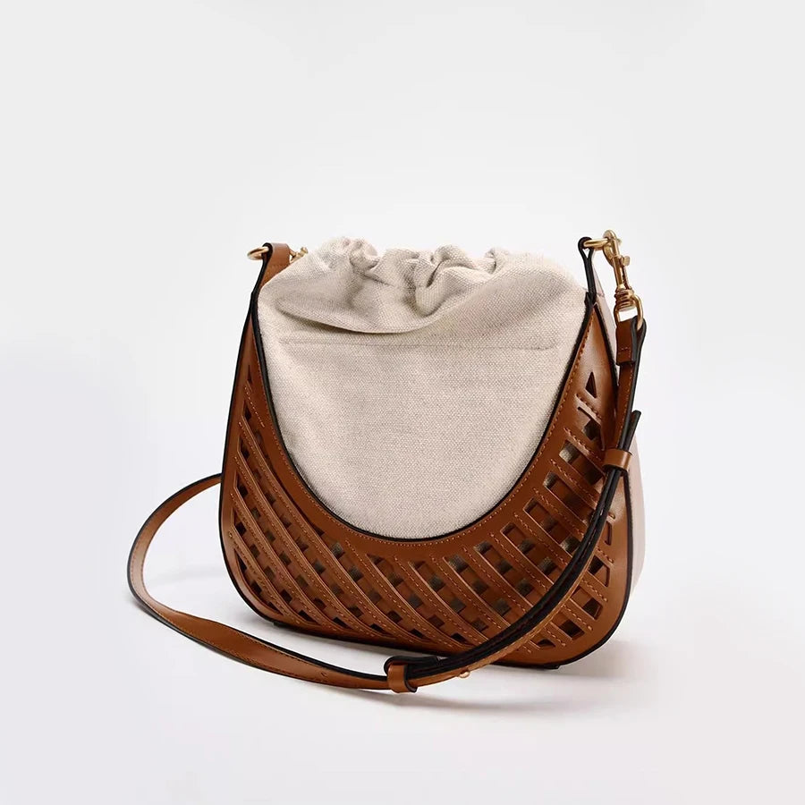 Fashionable Autumn & Winter Woven Hollow Shoulder & Crossbody Bag | Retro Versatile Travel Contrast Color Large Capacity Canvas Handbag Luxegan