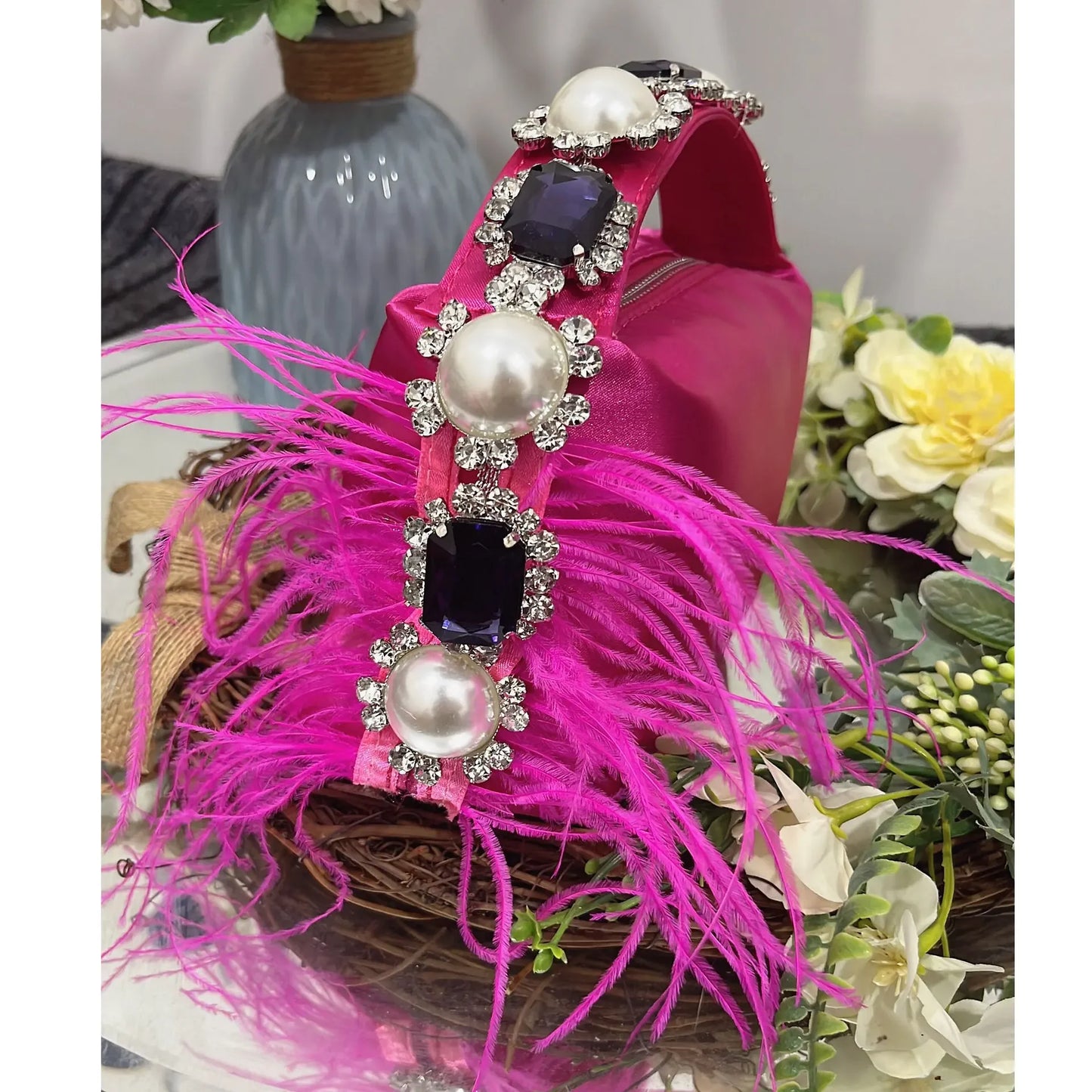 Luxury Feather & Pearl Evening Clutch | Designer Satin Wedding Purse with Diamond Decoration | Fashionable Sparkling Square Party Tote | Elegant White Satin Flap Handbag Luxegan