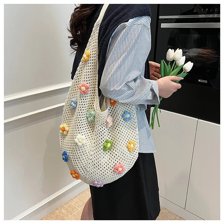 Hollow Mesh Knitted Shoulder Bag | Slouchy Chic Cartoon Beach Tote | Lightweight Laid-Back Woven Handbag | Spring & Summer Versatile Nylon Satchel for Women Luxegan