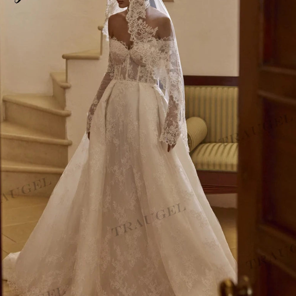 Romantic Sweetheart Lace A-Line Wedding Dress | Vintage Long-Sleeve Backless Bridal Gown | Full-Sleeve Cotton Voile Classic Court Train Dress Luxegan