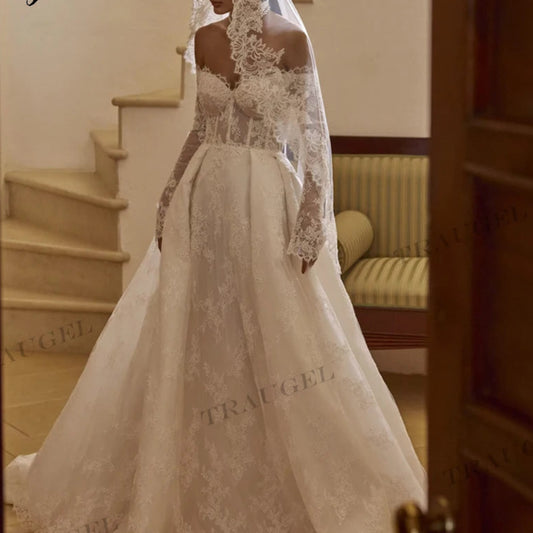 Romantic Sweetheart Lace A-Line Wedding Dress | Vintage Long-Sleeve Backless Bridal Gown | Full-Sleeve Cotton Voile Classic Court Train Dress Luxegan