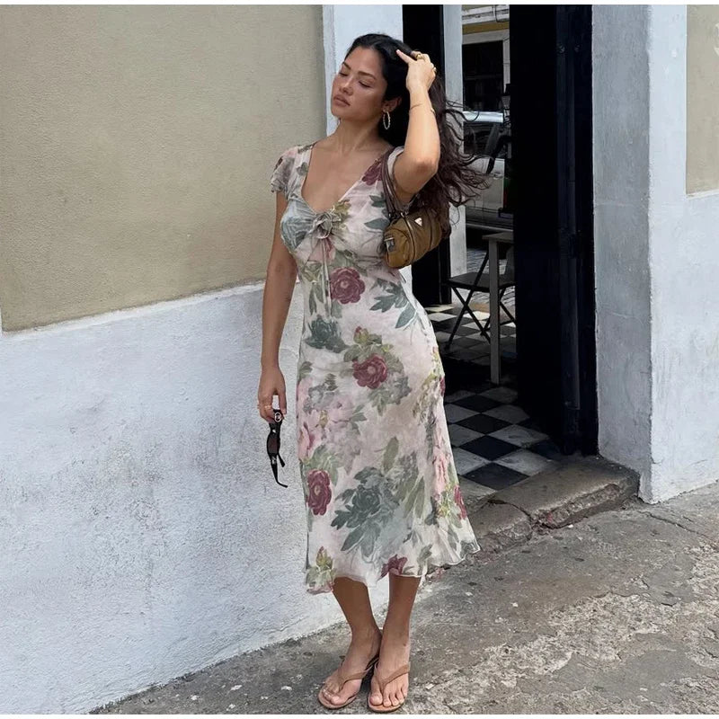 Flutter Sleeves Slim Long Dress Women Casual Pleated Deep V-neck Floral Print High Waist Dresses 2026 Lady Summer Holiday Wear