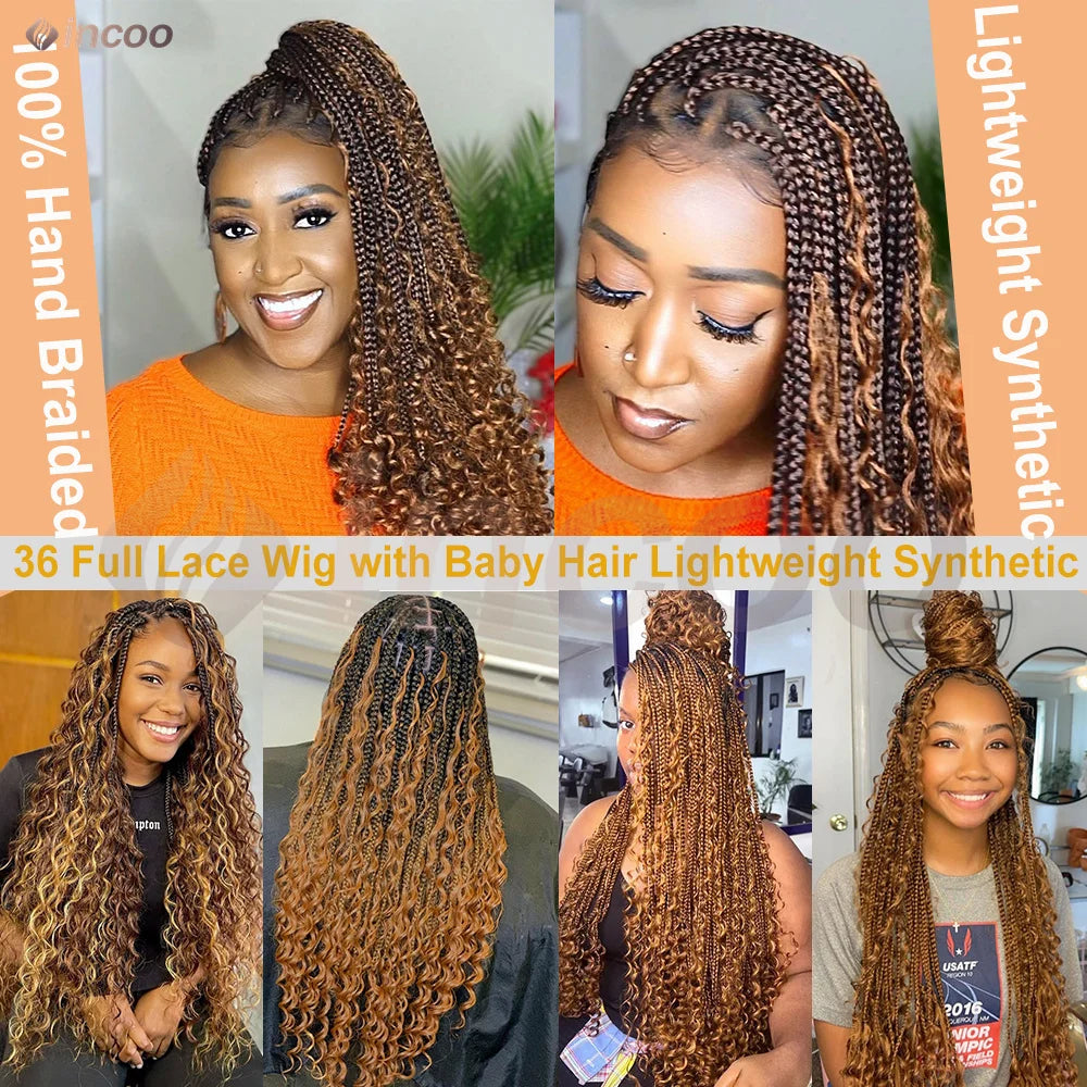32-36 Inch Boho Box Braids Goddess Locs Wig | 360 Full Lace