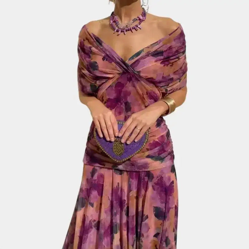 Women's Elegant Floral Print Pleat Party Dress | Bat Sleeve Swing Cocktail A-Line Dress | Korean Style Stand Neck Above-Knee Mini Gown | All-Season Loose Fit Straight Silhouette Model HPSW Luxegan