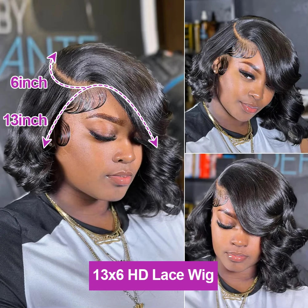 Ready-to-Wear Glueless Body Wave HD Frontal Wig | 250% Density Pre-Plucked Human Hair Wig | Short 13x6 Transparent Swiss Lace Frontal Wear-and-Go Brazilian Remy Hair Wig Luxegan