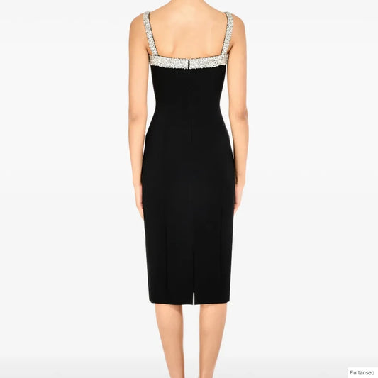 Crystal Bow Straight Prom Gown | Square Collar Sleeveless Backless Tea-Length Dress - view 2