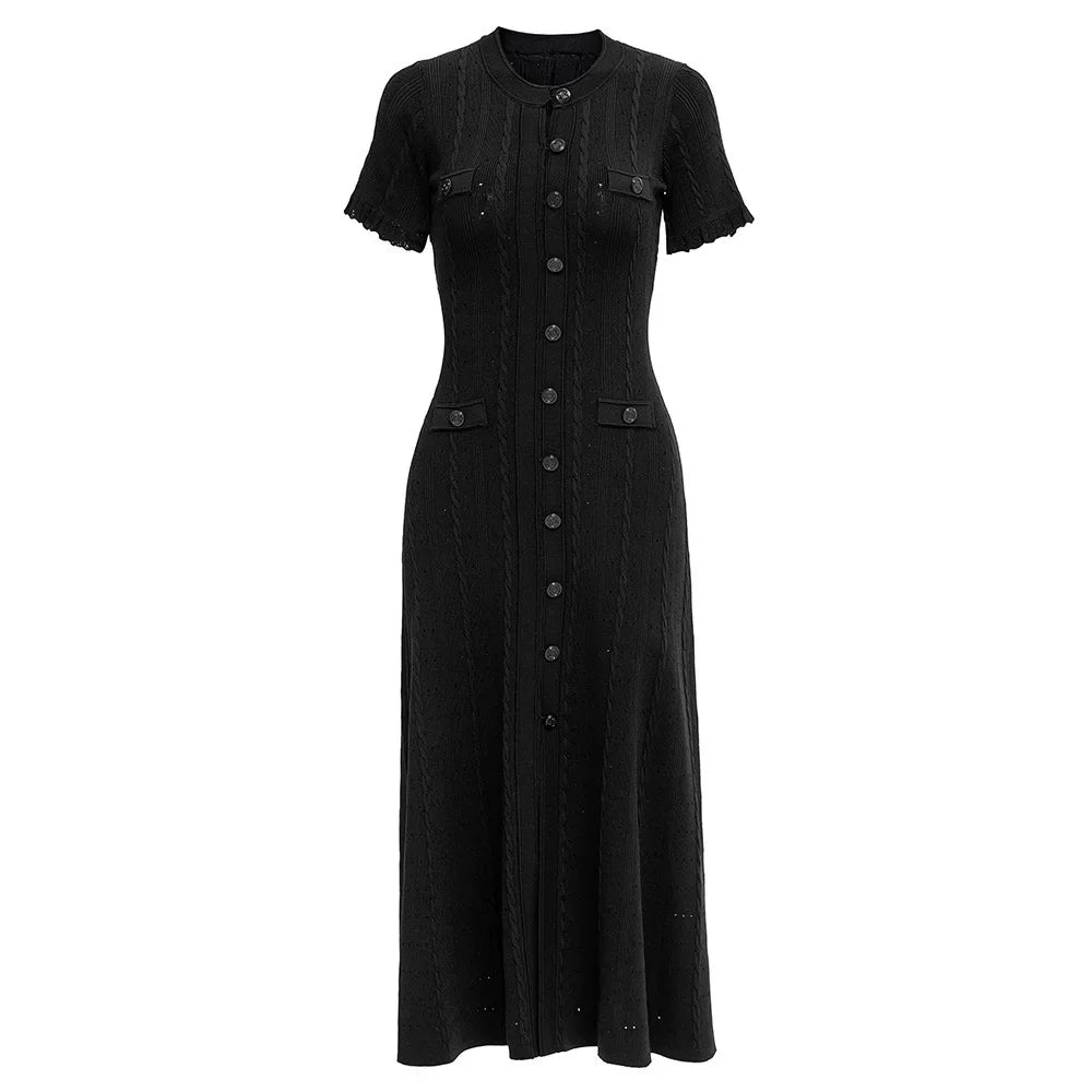 French Style Knitted Long Dress round Neck Hollow out Wooden Edge Skirt Elegant Autumn Luxury Women's Fashion One Piece Dress