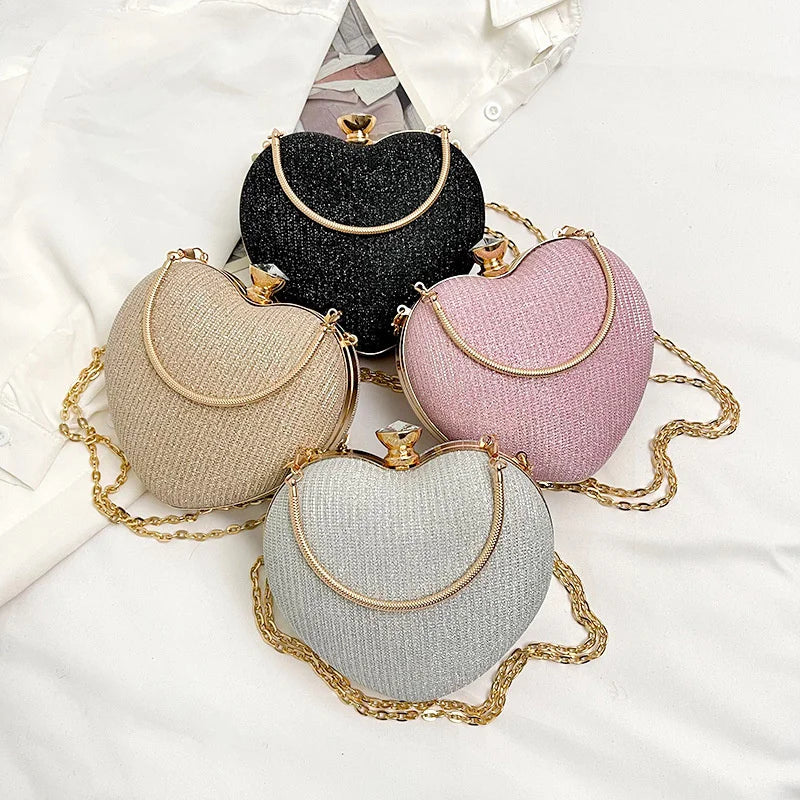 Shiny Heart Shape Metal Evening Clutch Bag for Women | Fashion Chain Shoulder Crossbody Bag (Luxury Lady Purse) Luxegan