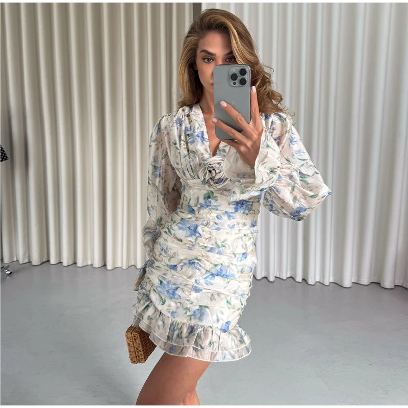 Organza Floral Printed Maxi Dress V-Neck  Puff Sleeve 2026 Spring/Summer Romantic Women Party Gown Fashion Elegant Lady Vestidos