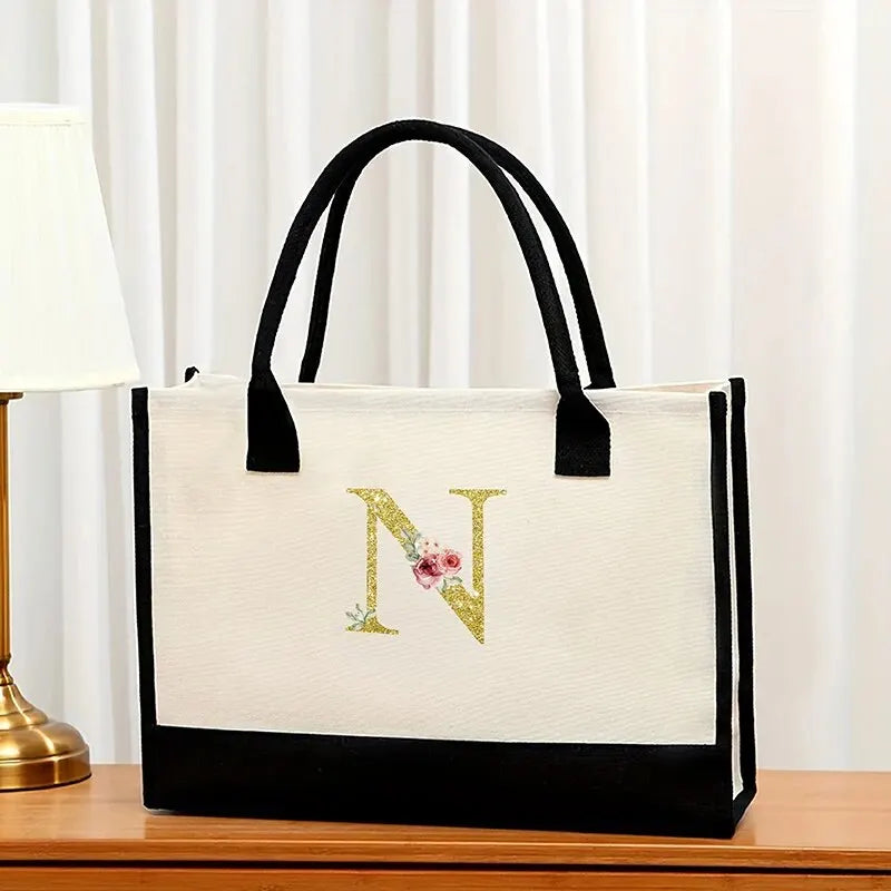 Canvas Gold Letter Fashion Tote Bag | Trendy Metallic Initial Handbag | Large Capacity Canvas Shopping Bag & Daily Satchel for Women Luxegan