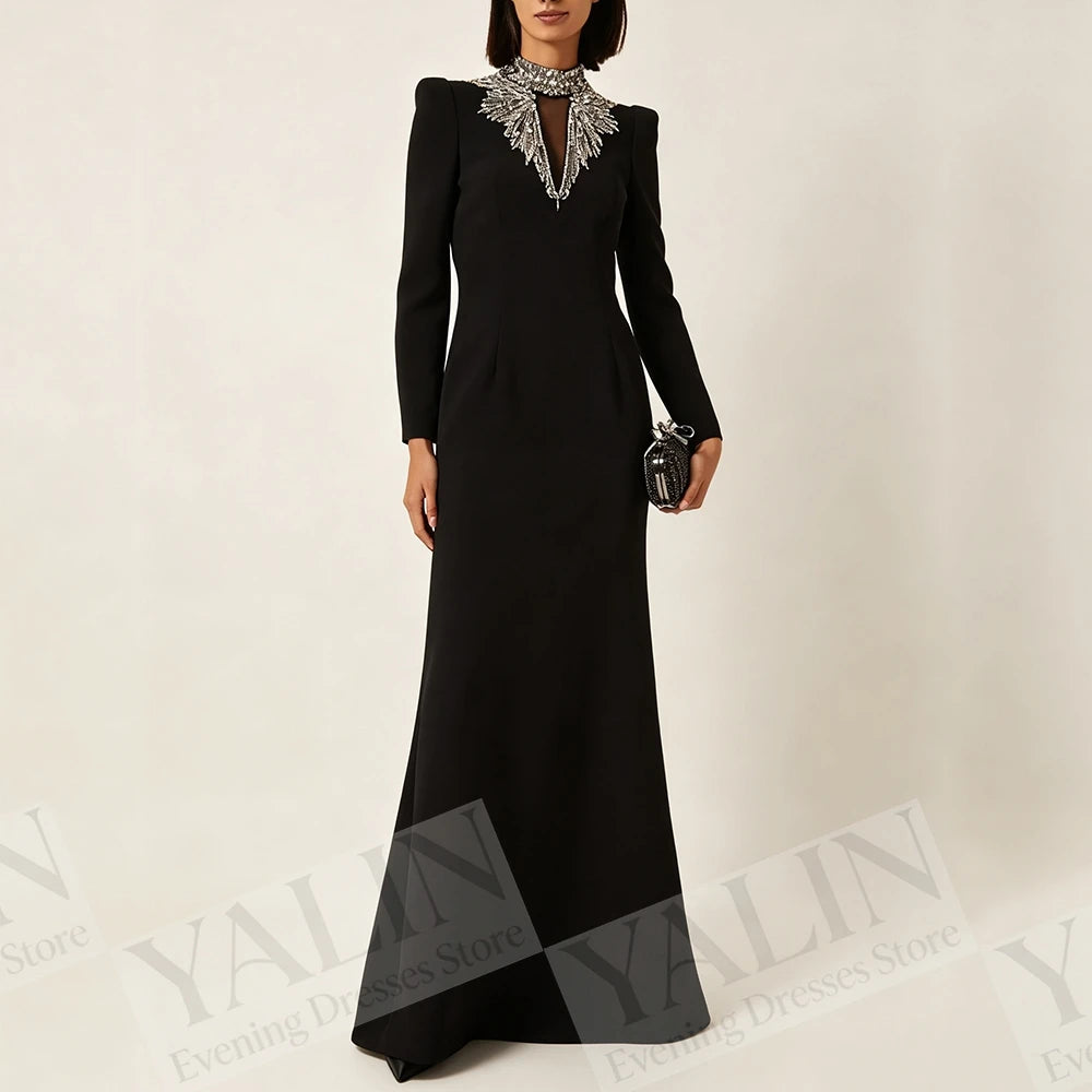 Crystal Simple High-Neck Full Sleeve Floor-Length A-Line Prom Dress Luxegan