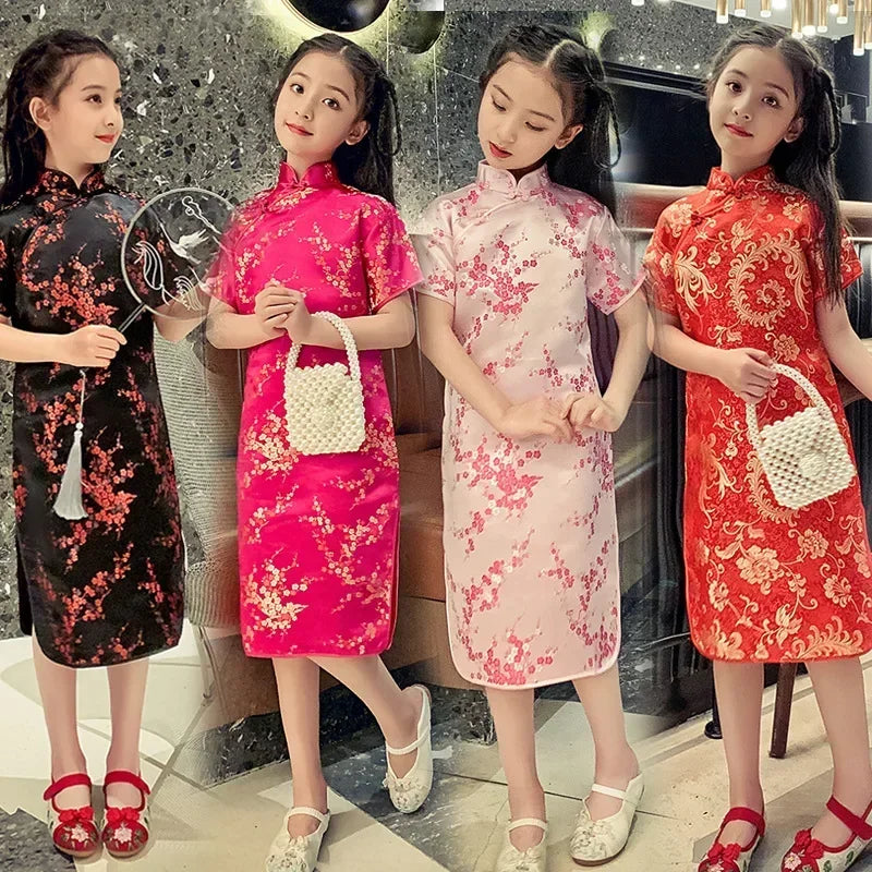 Girls' Modern Cheongsam Chinese Style Dress | Summer Kids Casual Flower Print Clothes | Short-Sleeve Turtleneck Knee-Length Straight Dress Luxegan