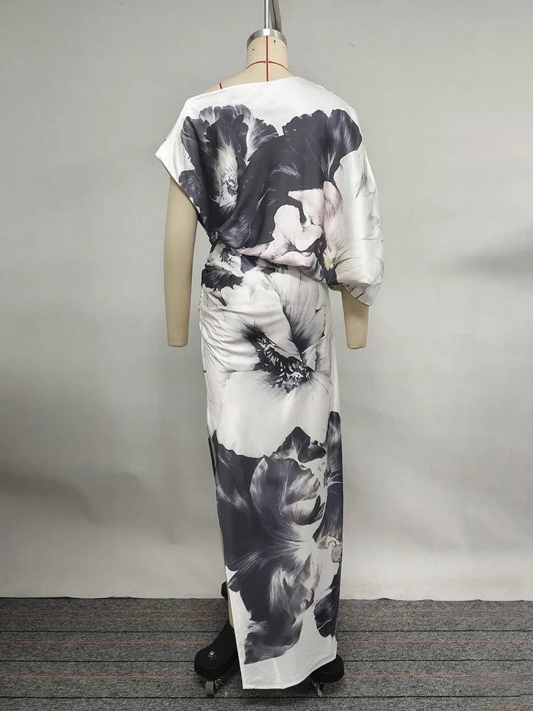Gymystars Fashion Evening Dresses Floral Printed Long Dress for Women Summer Art Asymmetric Bat Sleeves One-Shoulder Party Dress