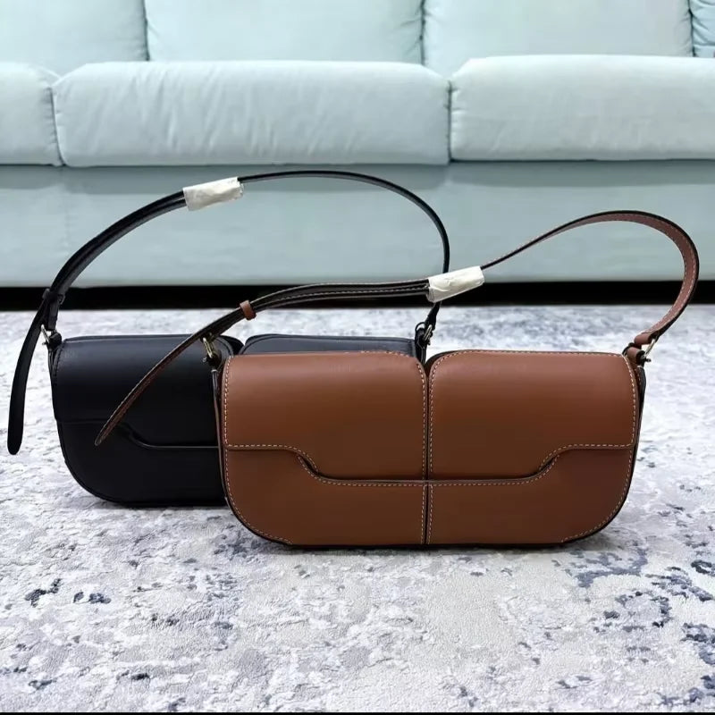 French Chic Compact Horizontal Saddle Bag | Luxury Woman Shoulder Underarm Stick Bag (Classic Long Clutch & Handbag) Luxegan