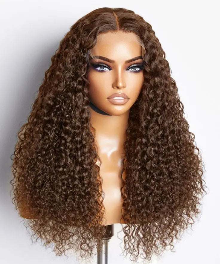 Chocolate Brown Deep Wave HD Lace Frontal Wig | Sophisticated 200% Density Transparent Lace | Elegant "Brazilian Remy" 18-24 Inch Silhouette | "Dignified" Water Wave Human Hair for Radiant Versatile Styling Luxegan
