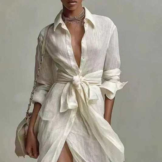 Wrap Shirt Maxi Dress – Long Sleeve, Belted, Split Hem, Loose A-Line Luxegan