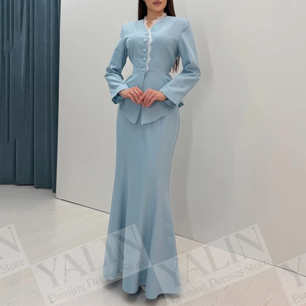 Lace A-Line Prom Dress | V-Neck Full Sleeve Ankle-Length Evening Gown Luxegan